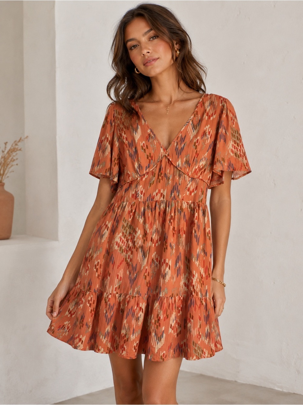 Rust Ikat Boho Dress Flutter Sleeve Western Tiered Rayon Knox Rose Medium